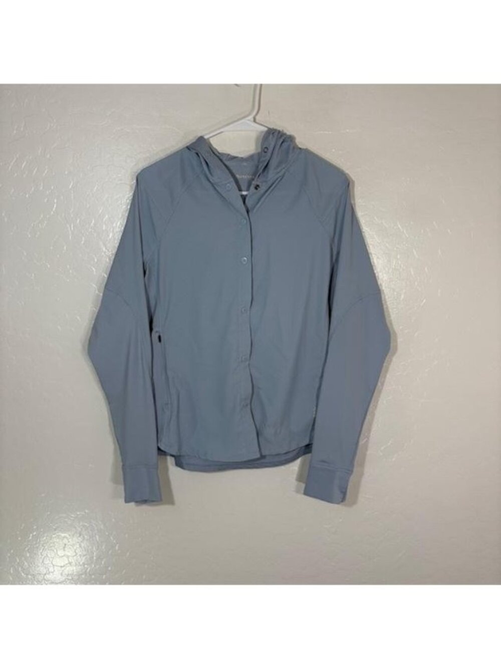 Simms Hooded Fishing Shirt Womens Small Snap Front Lightweight Blue Stretch Top